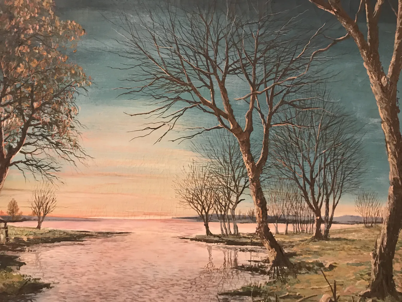 antica pittura di un paesaggio con alberi al tramonto