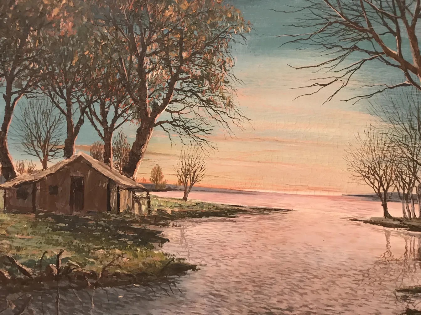 Pintura antigua representando un paisaje natural con árboles y agua.