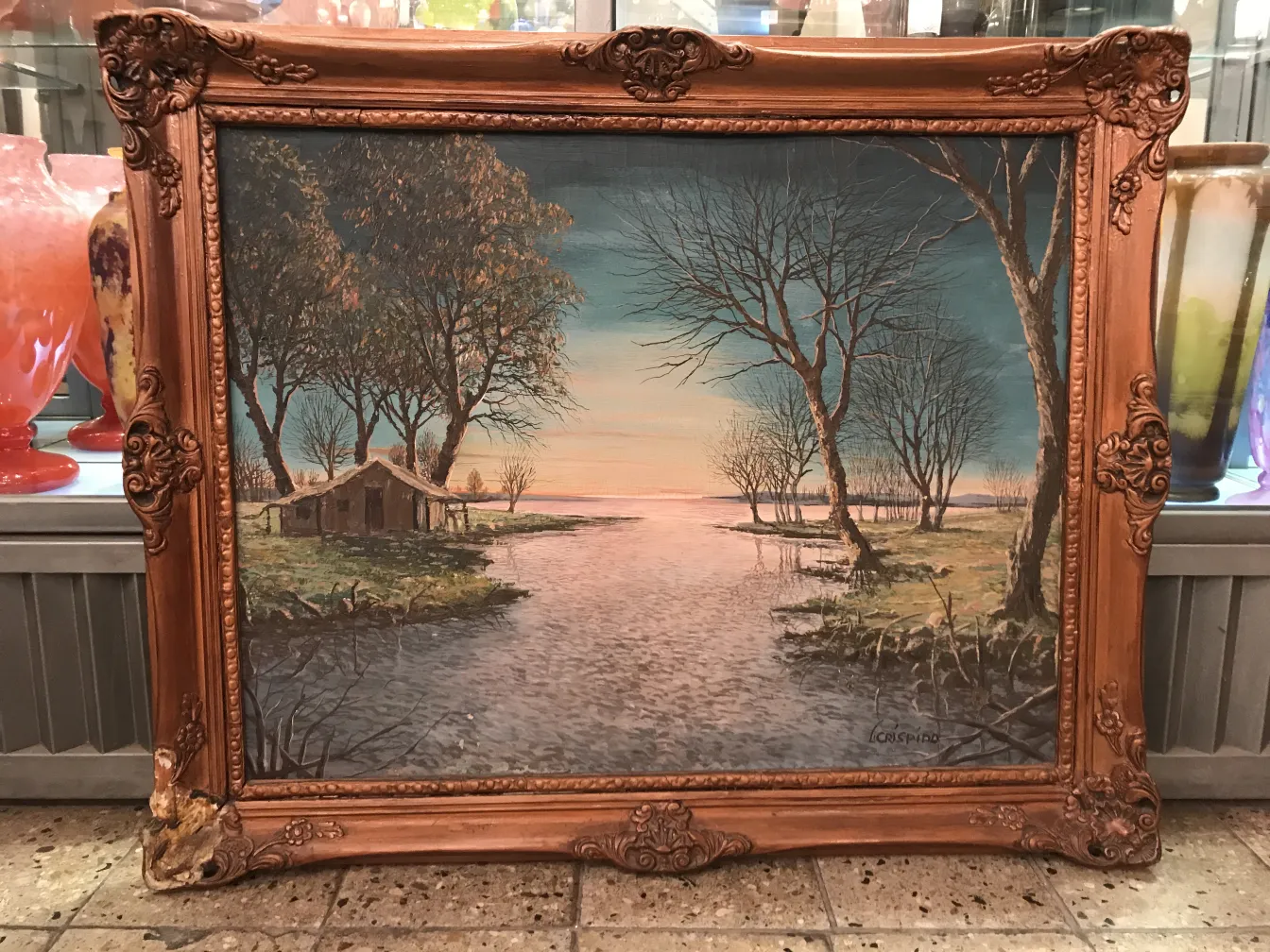 Antique Crispino painting of natural landscape with tree and house