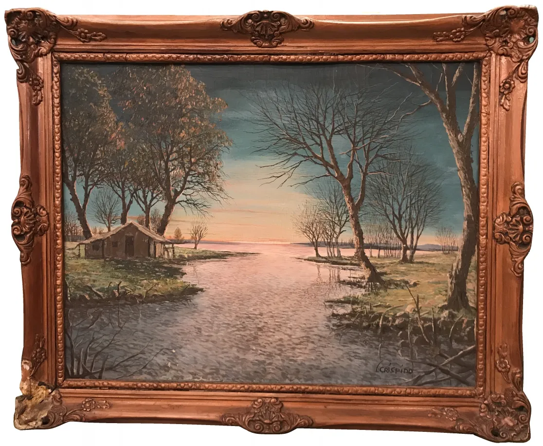 Antique Crispino painting featuring trees and water landscape