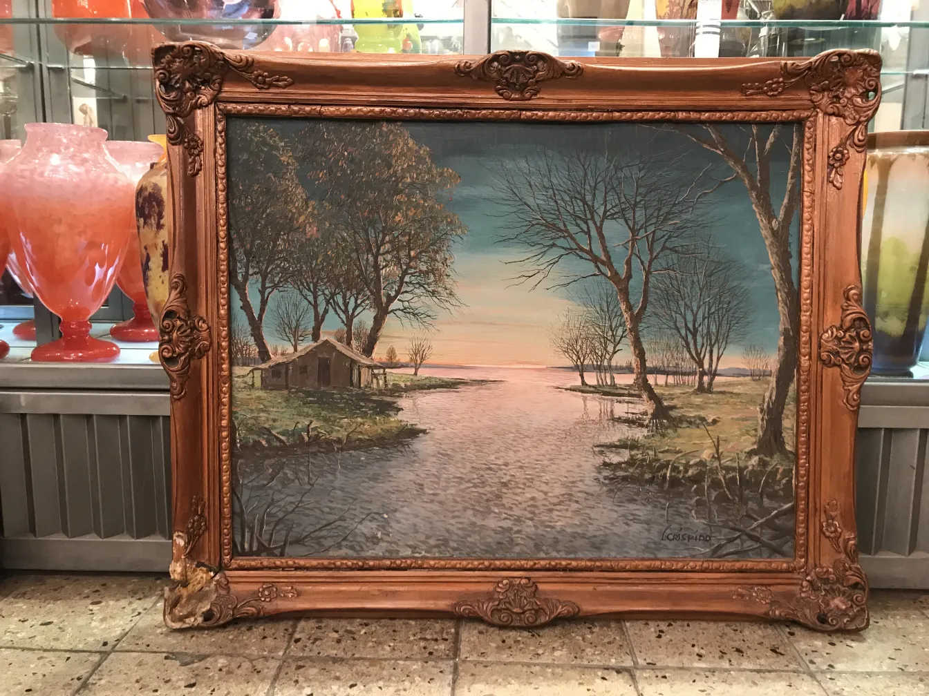 Pintura antigua de paisaje con árboles y casa