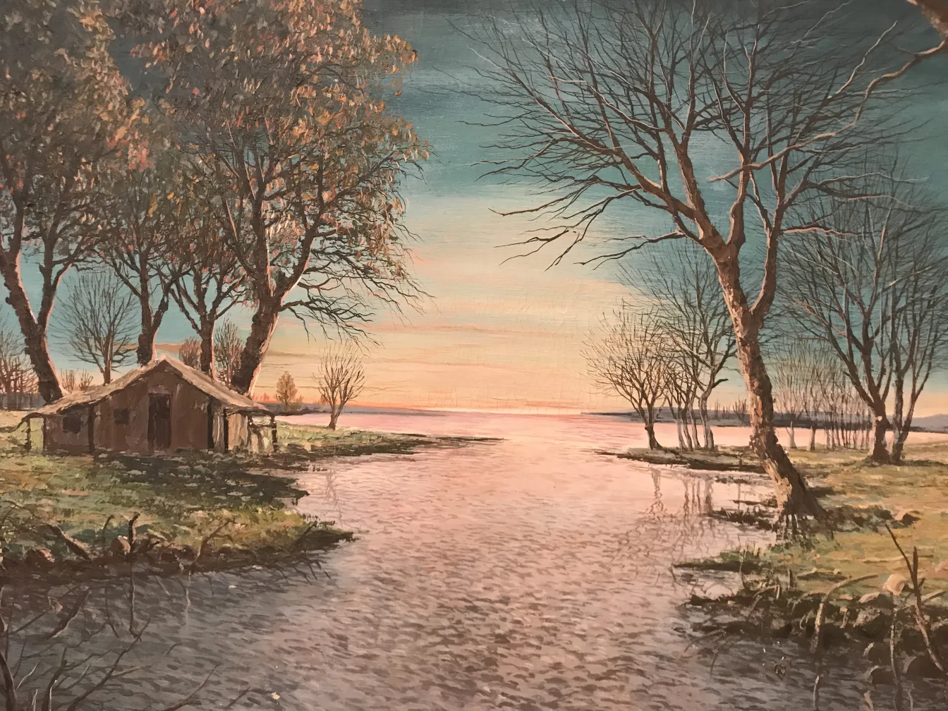 Pintura antigua de un paisaje con un río y árboles