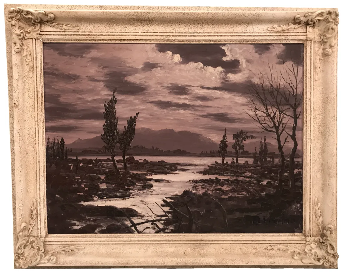 Antique painting Crispino featuring landscapes and dark trees
