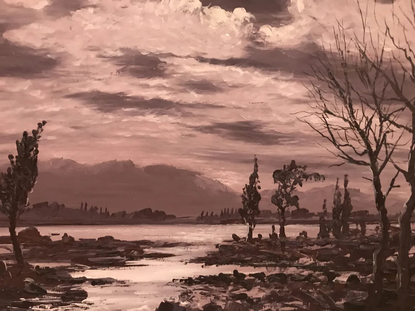 Pintura Crispino antiguo de un paisaje con árboles y cielo nublado