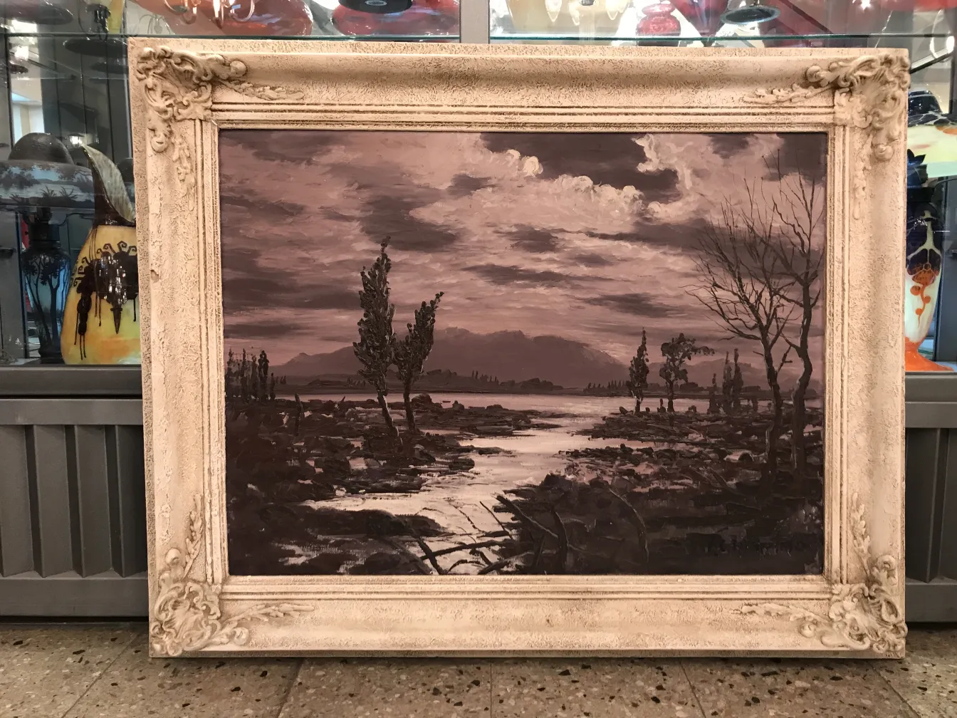 Pintura Crispino antigua de paisajes con mar y árboles