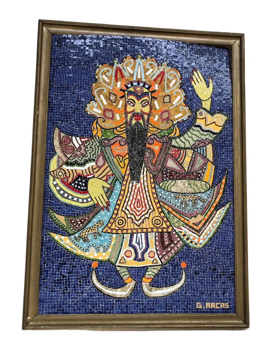 cuadro de mosaicos antiguo con figura y colores vibrantes