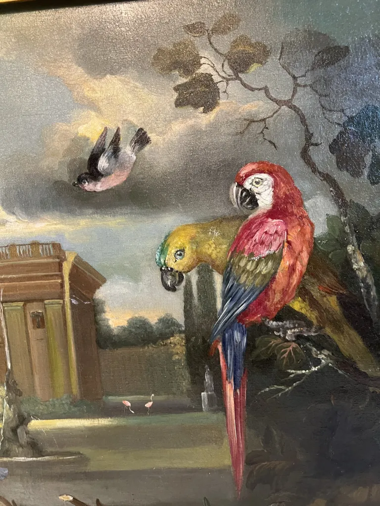 pintura antiga de aves coloridas em um ambiente natural