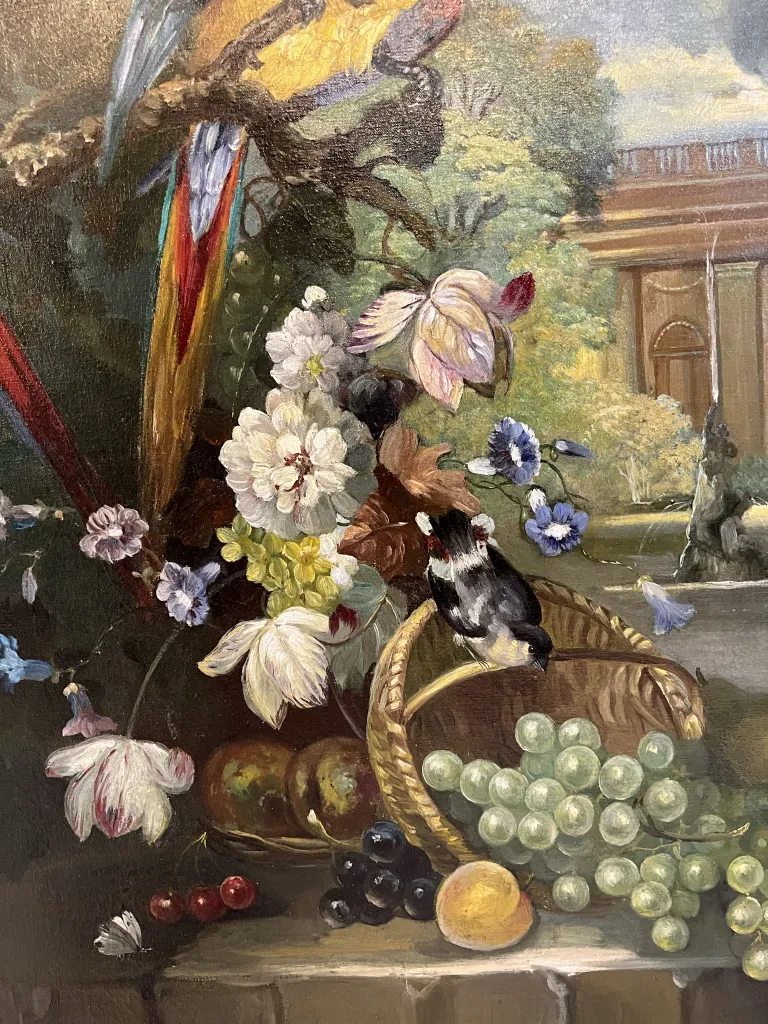 Antique still life painting with flowers and fruits