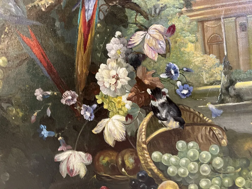 古董静物画包含花和水果在篮子里