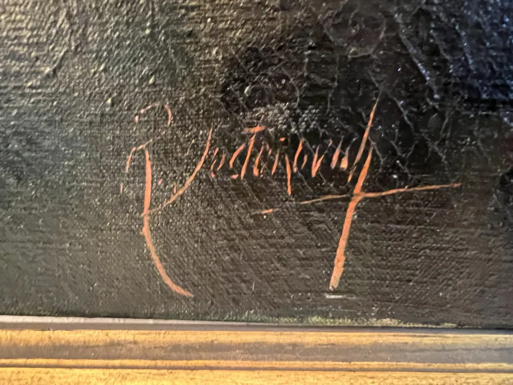 Peinture ancienne avec signature, couleurs sombres et textures.