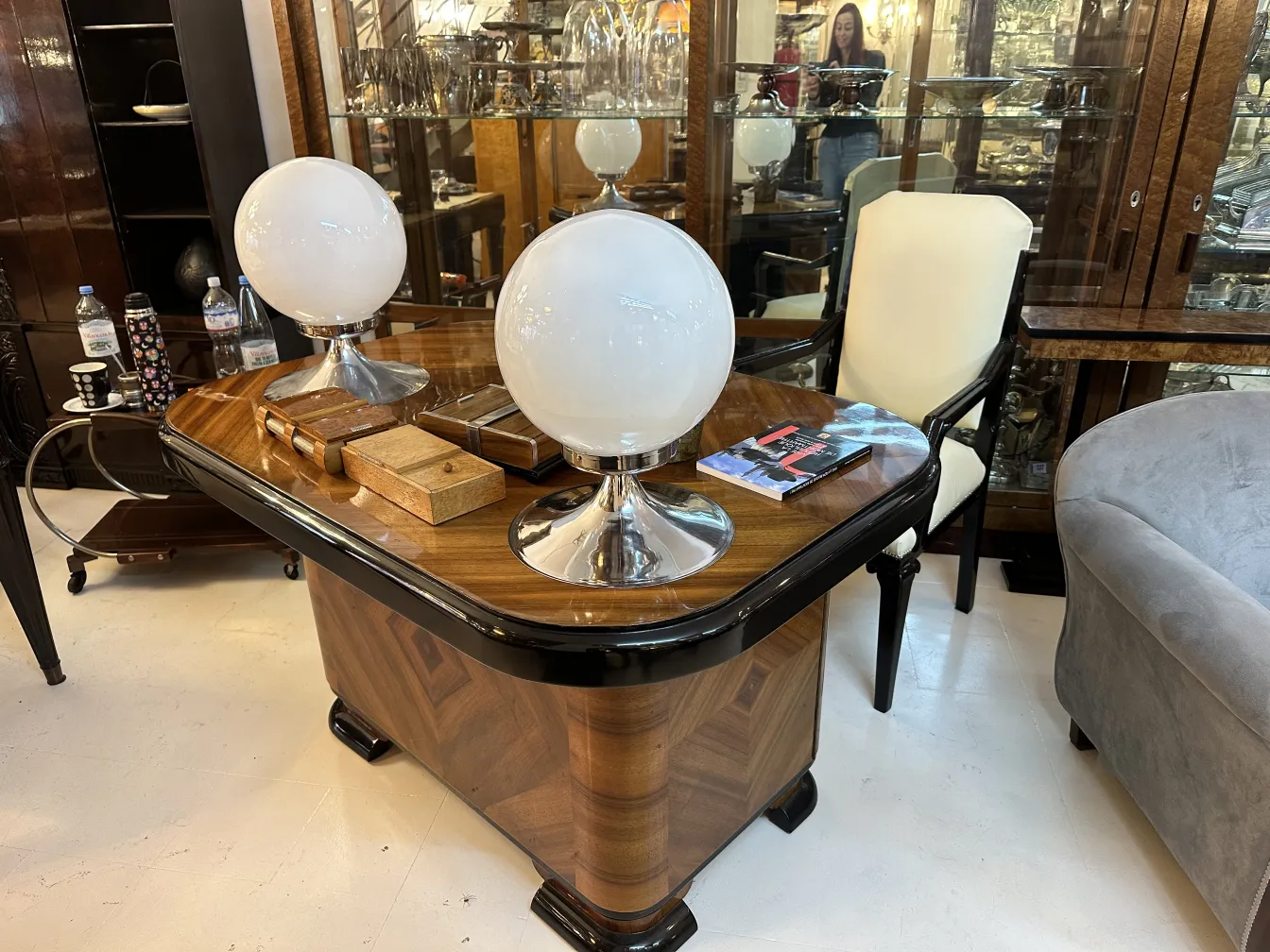 two antique table lamps with white globes