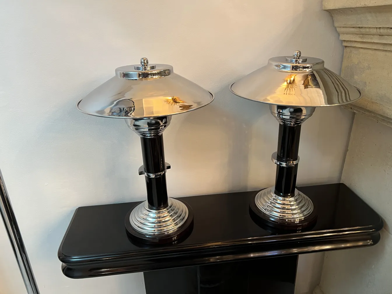 Two antique table lamps with shiny bases