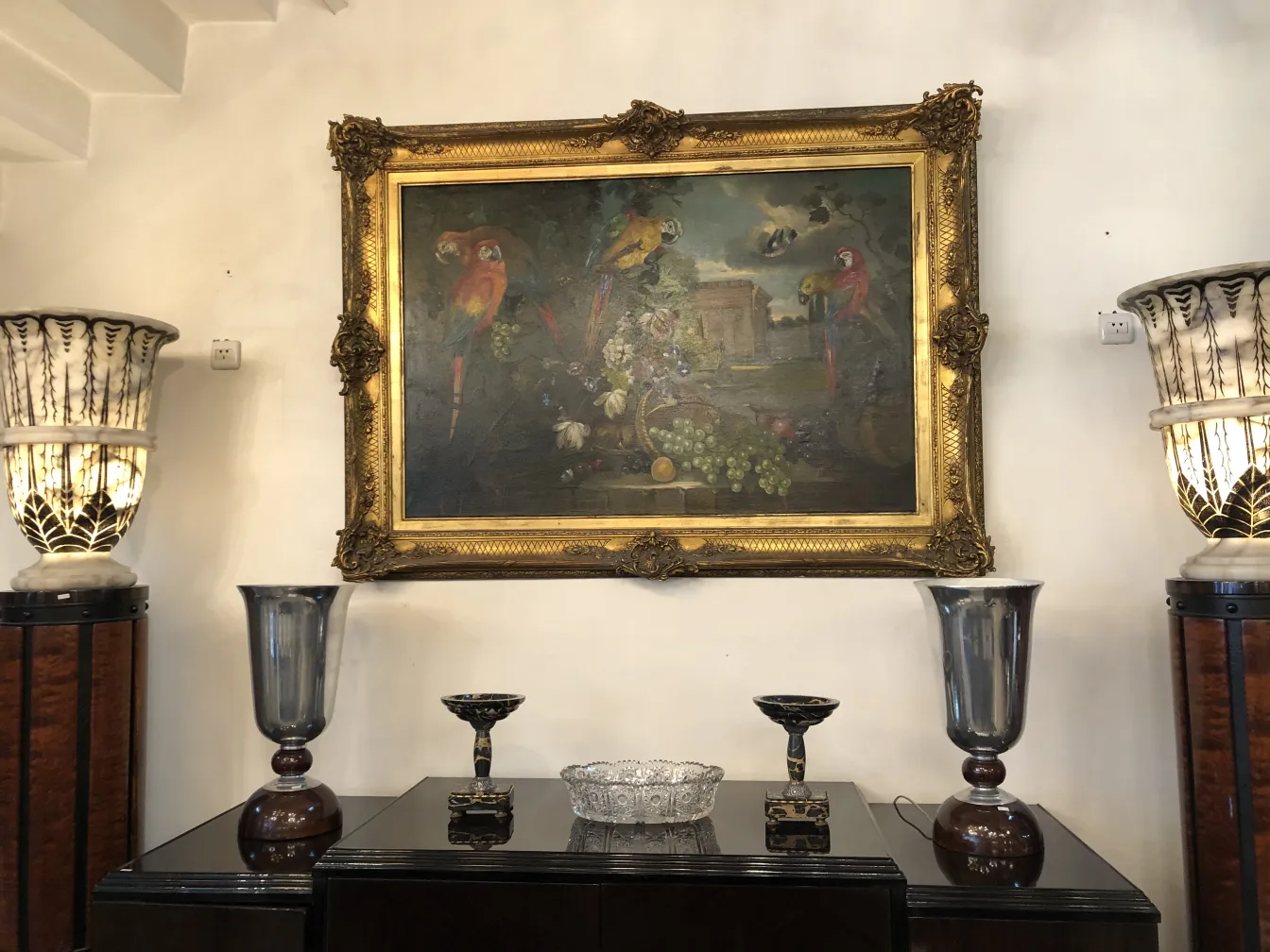 two antique table lamps with decorative design, elegant background