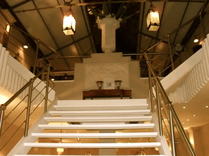 Two vintage table lamps in a stairwell interior