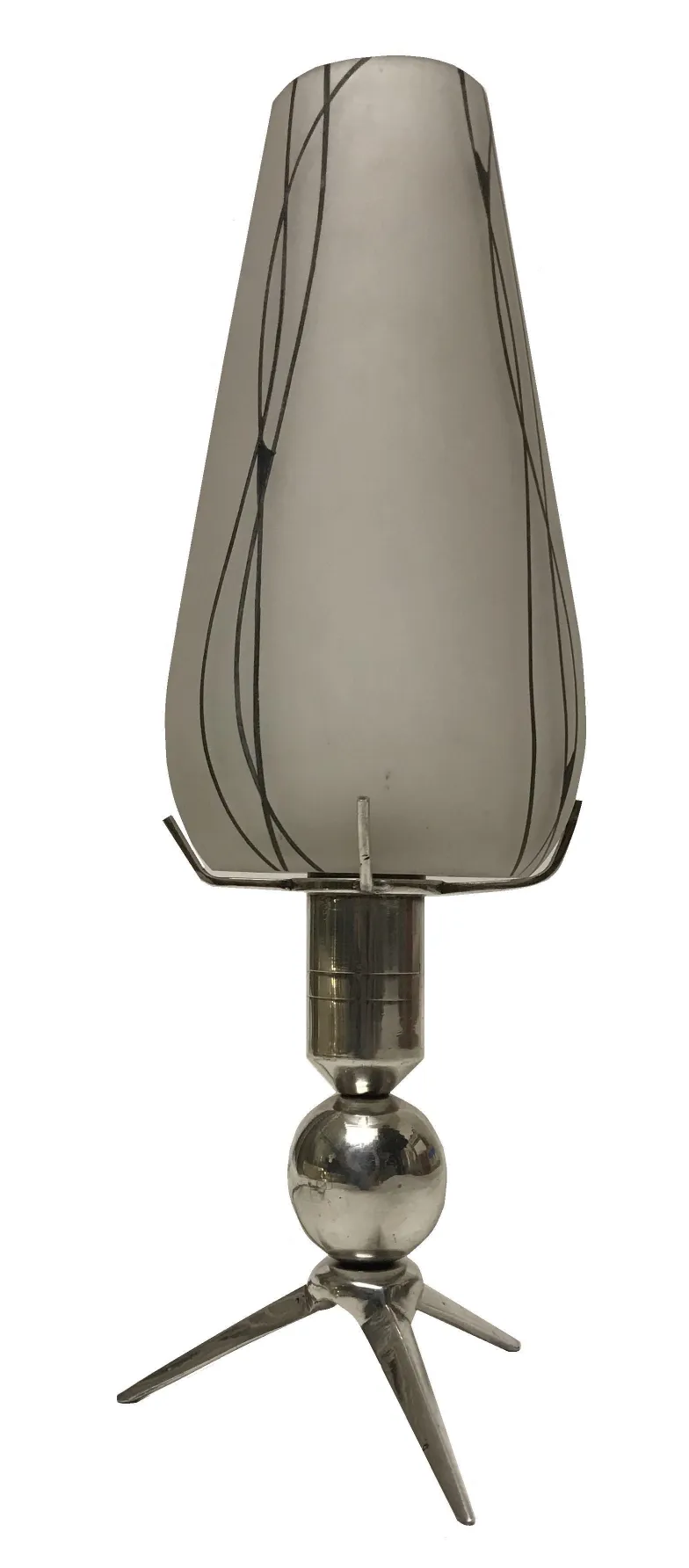 two antique table lamps with spherical base and patterned shade