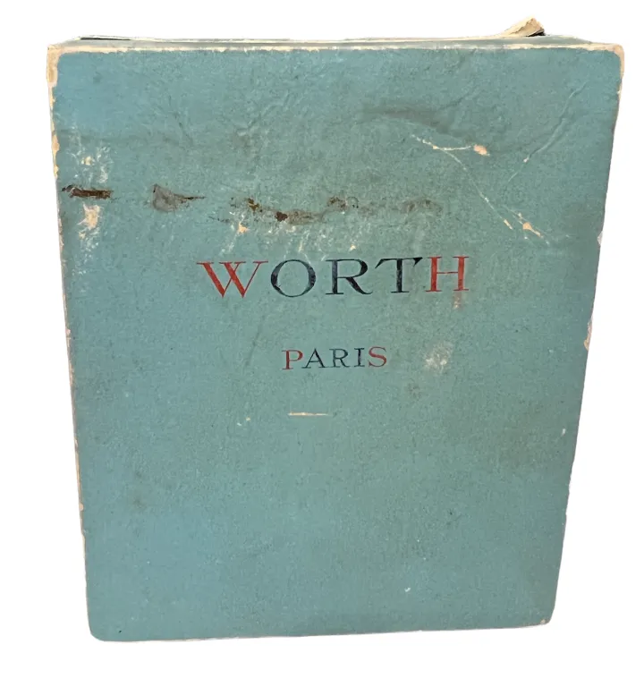 antiguo frasco de perfume con detalles en azul, marca worth, parís.