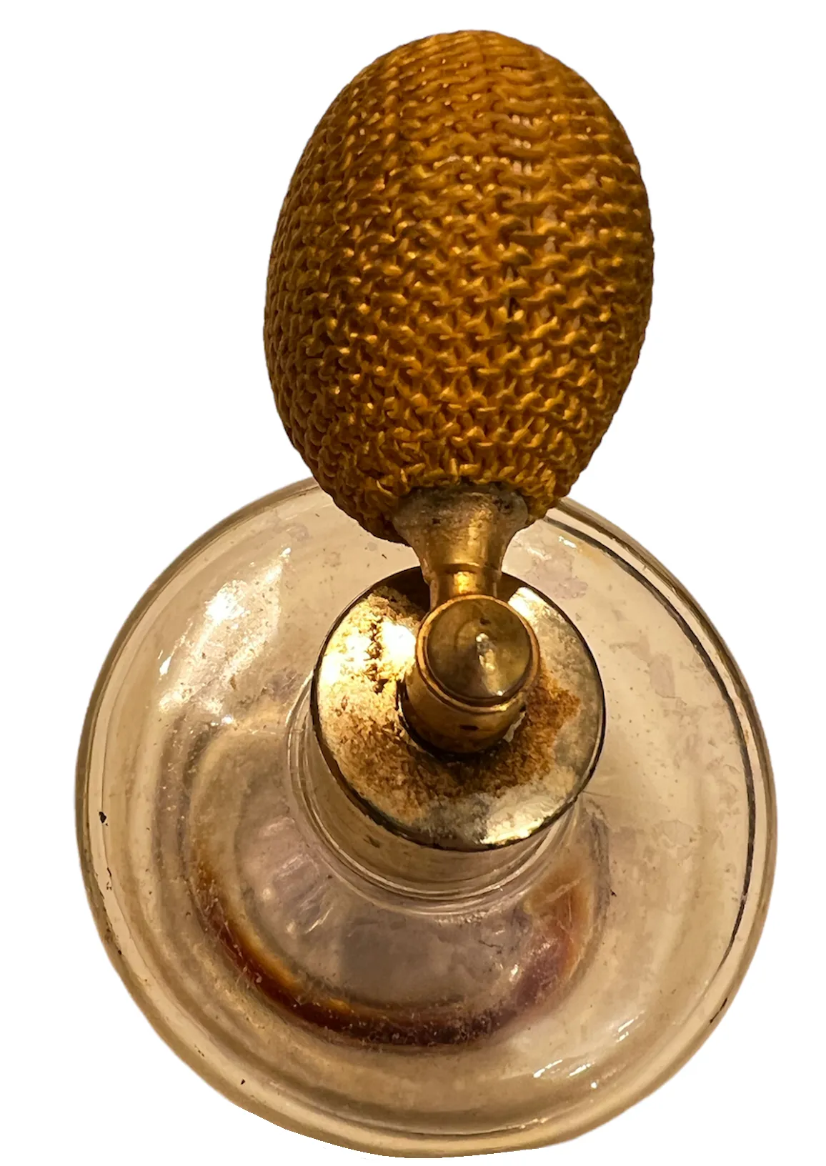 Antique perfume bottle with classic design and elevated sprayer, against white background