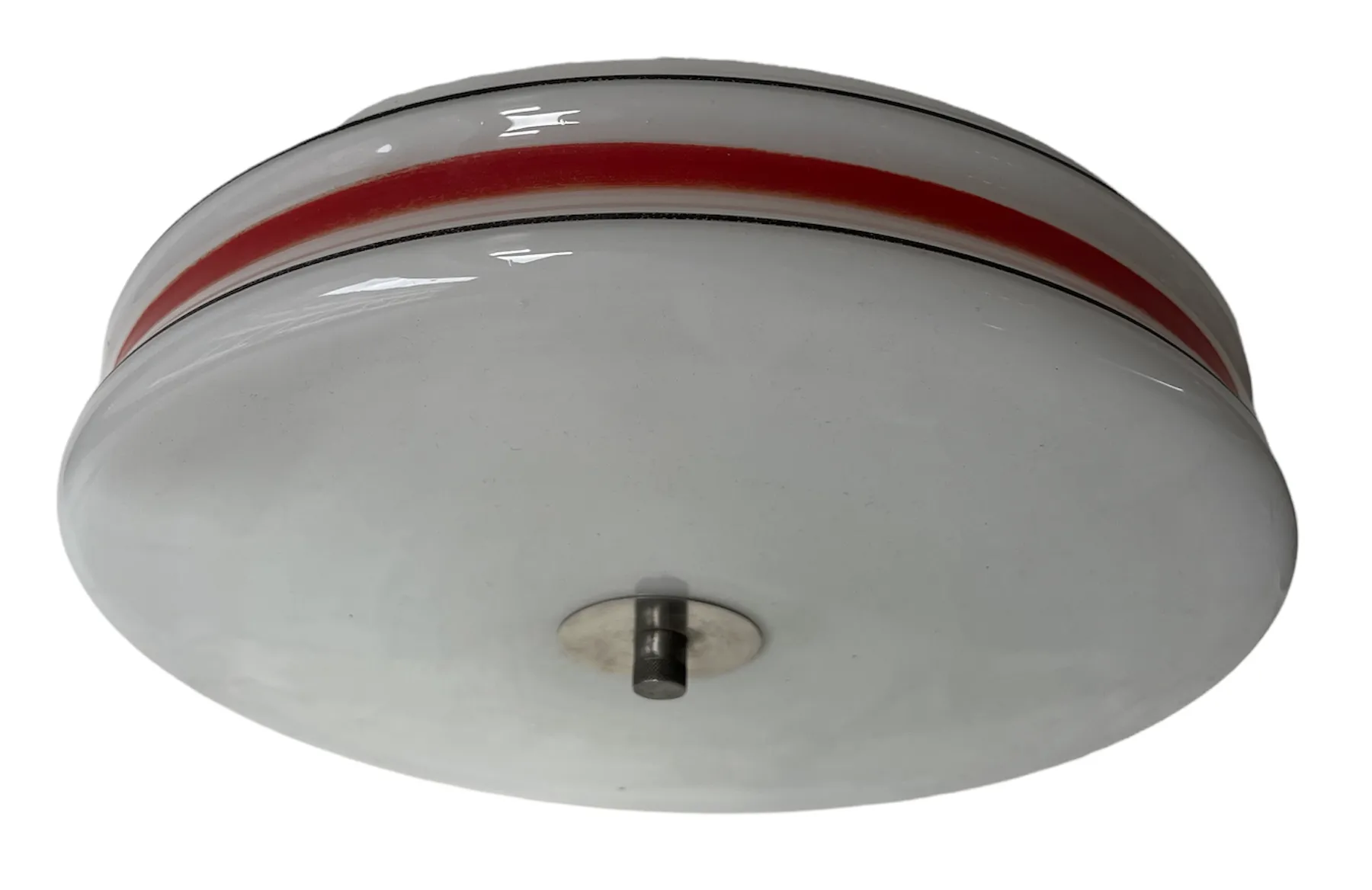 antique circular ceiling light with red detail, cozy atmosphere