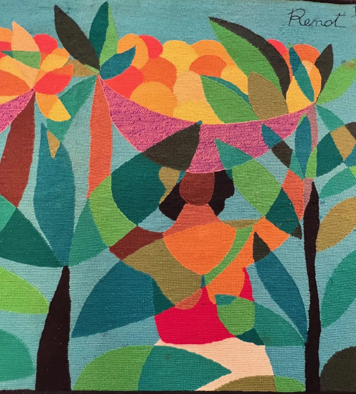 antique tapestry with vibrant colors depicting nature