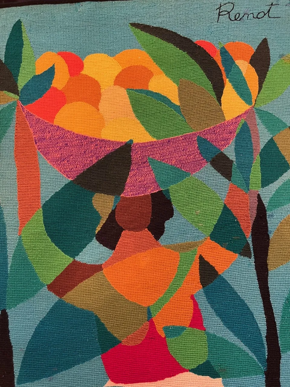 antiker Wandteppich, der farbenfrohe Landschaften und abstraktes Design zeigt, blauer Hintergrund