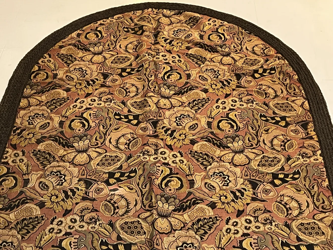 antique tablecloth with colorful floral pattern and dark edge