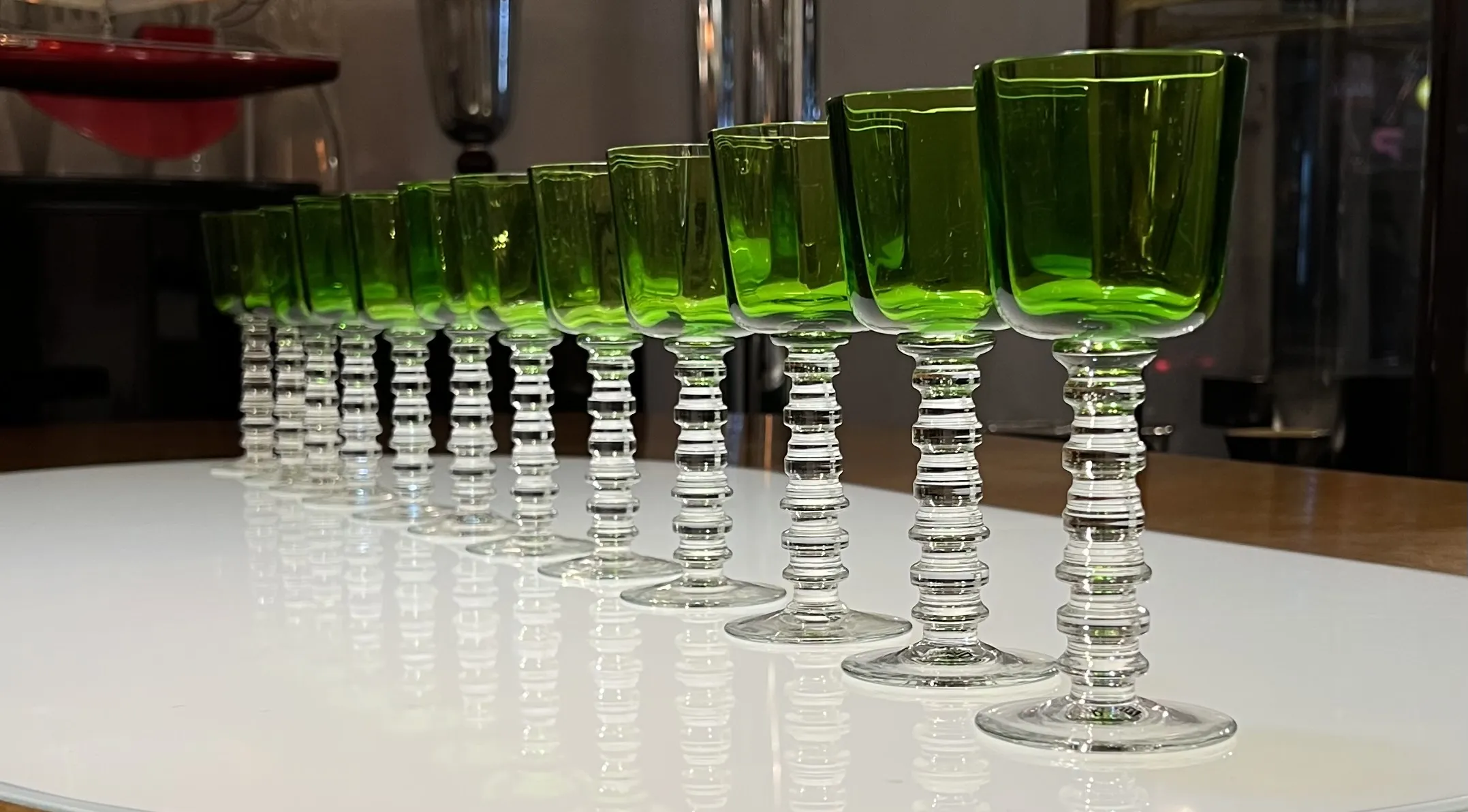 12 querandi antique glasses with clear bases and green tops