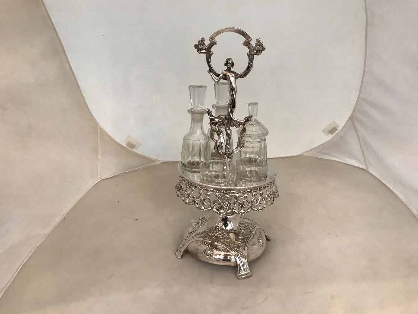 elegant salt and pepper shakers with holders for oil and vinegar, antique