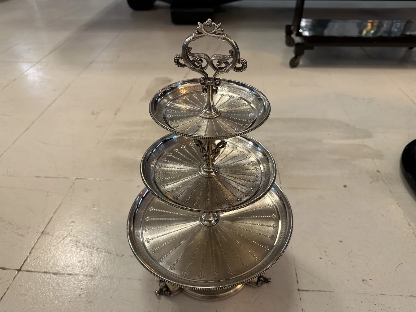 Antique three-tier pastry plate with decoration