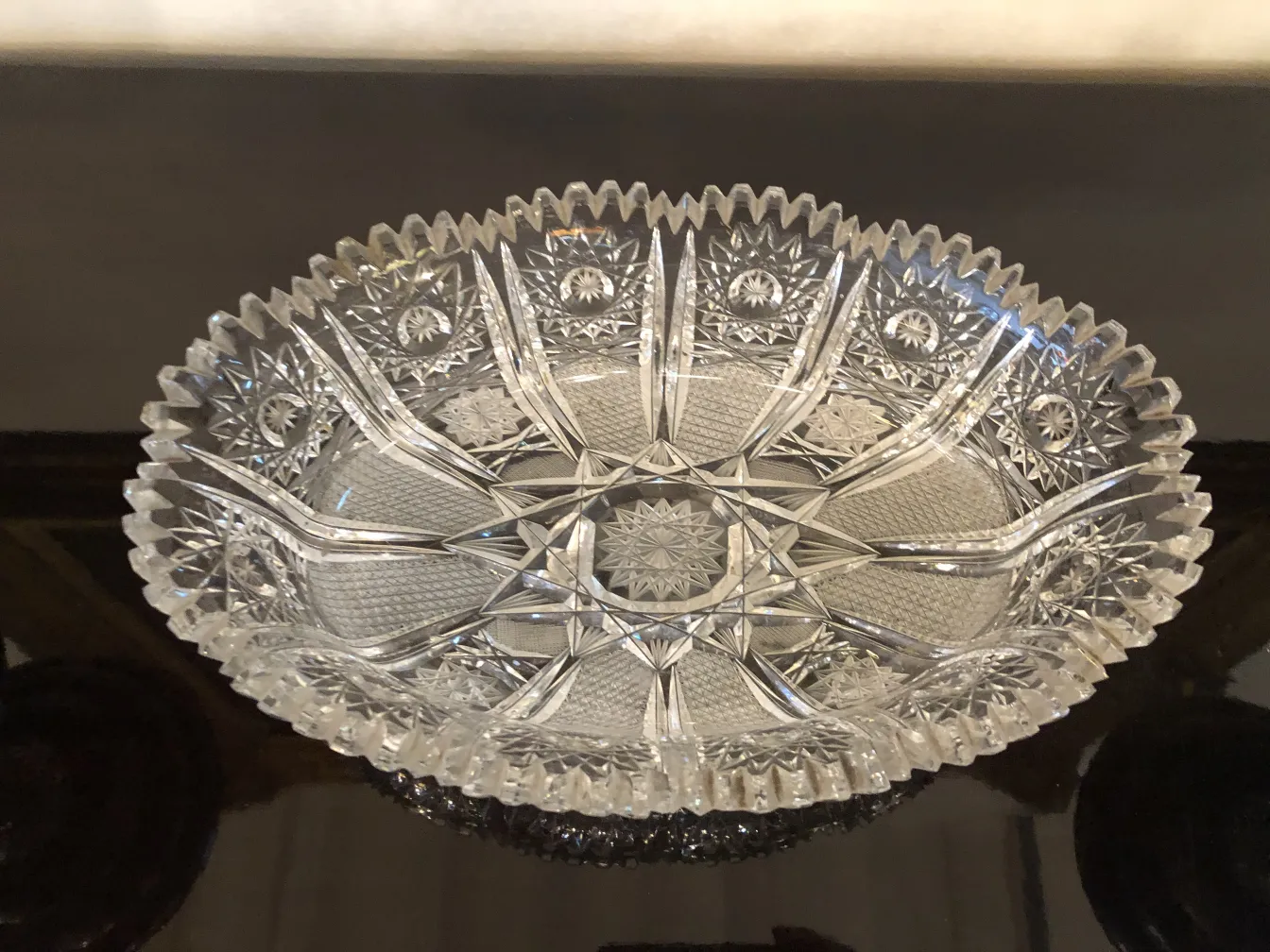 Top view of antique crystal centerpiece with intricate design