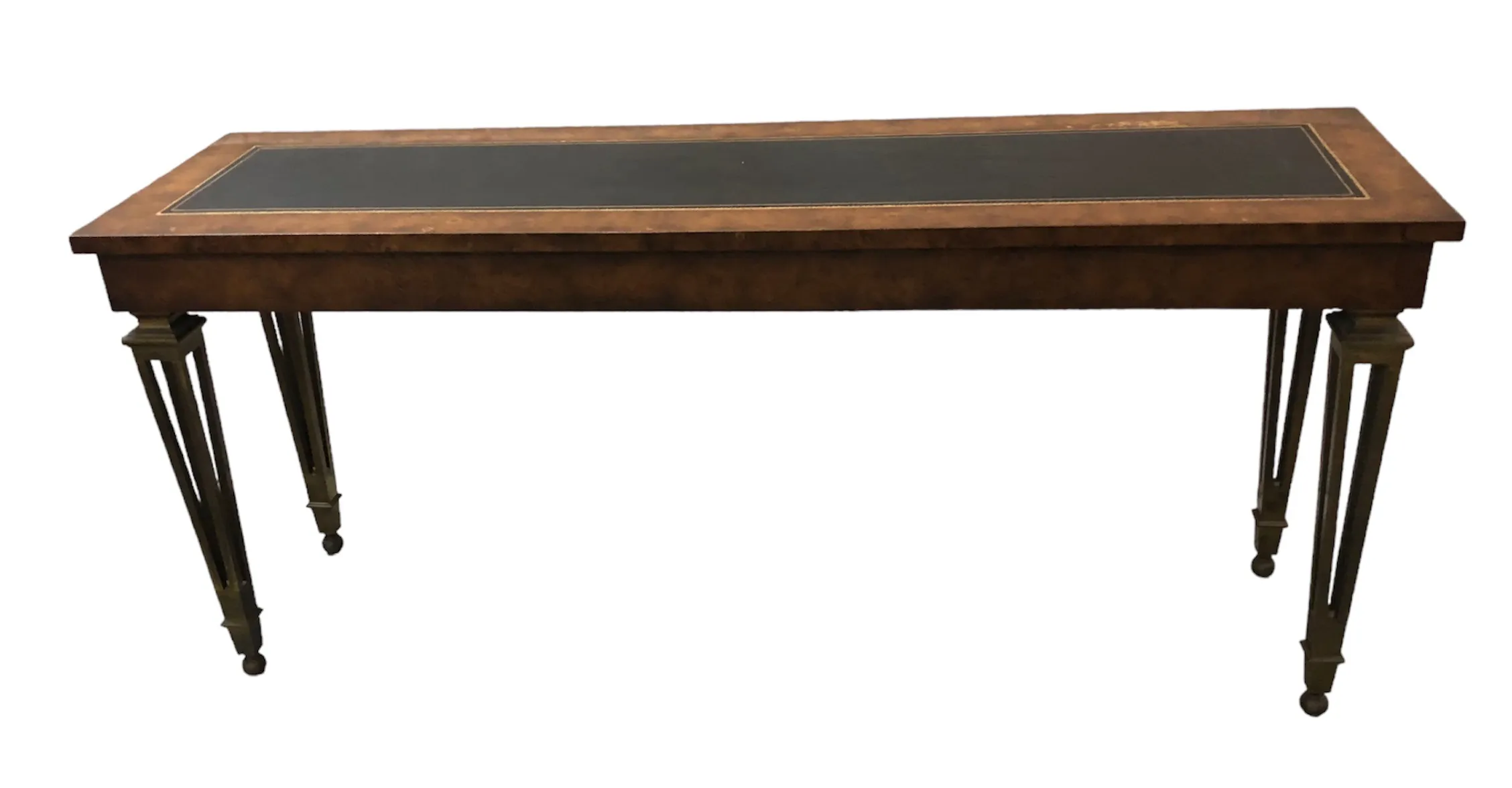 Antique console with dark surface and elegant legs.