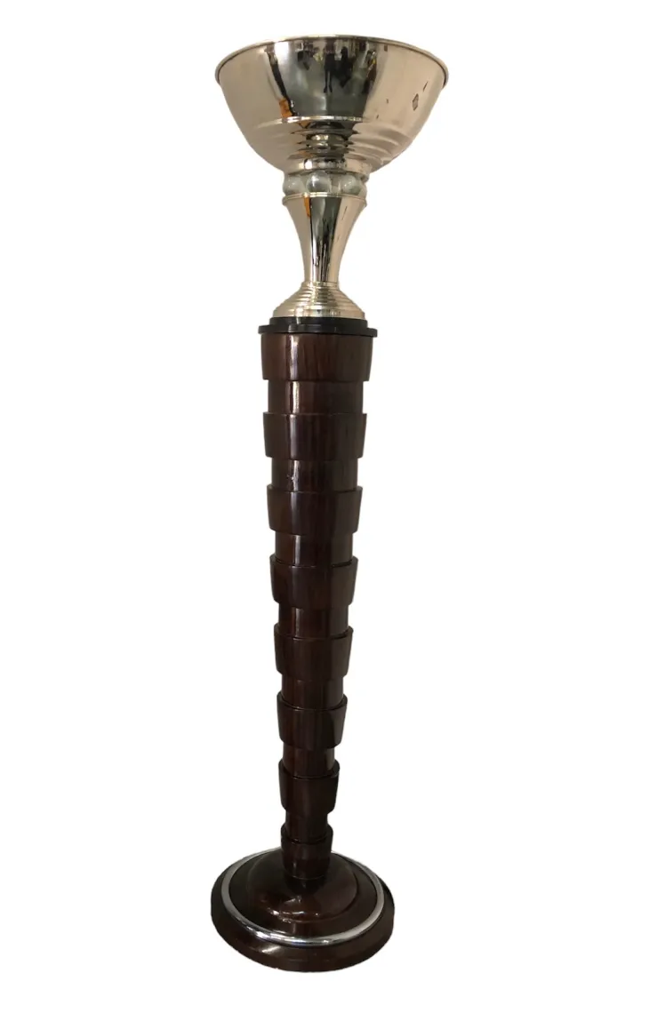 Image of 2 antique floor lamps with a patterned base and shiny bowl