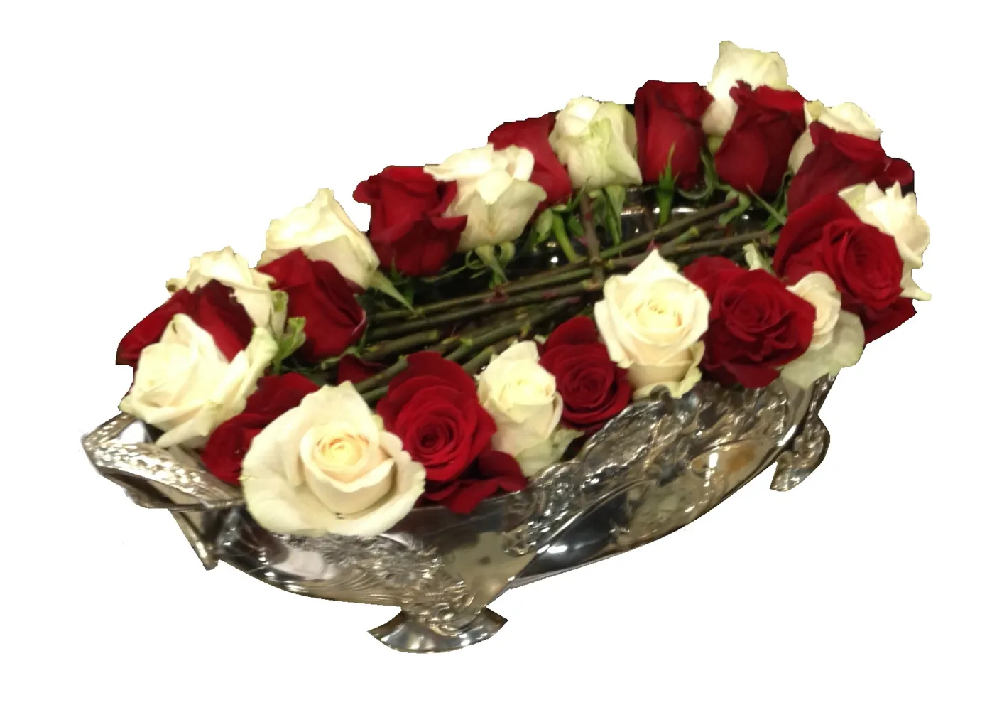 antique centerpiece Gallia decorated with red and white roses