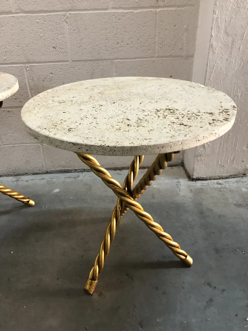 2 small antique tables with gold twisted legs and oval top