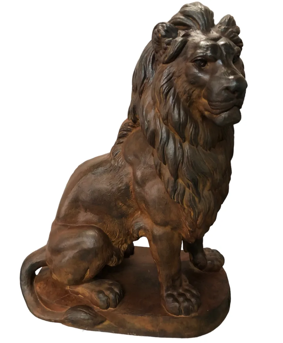 sculpture of two lions by A. Durenne sitting, fur details