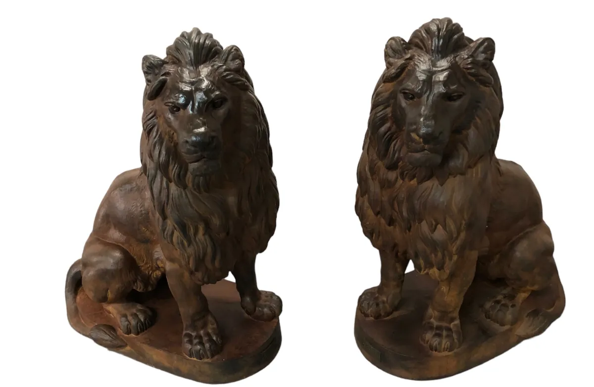 Sculpture of two lions by A. Durenne with realistic details.