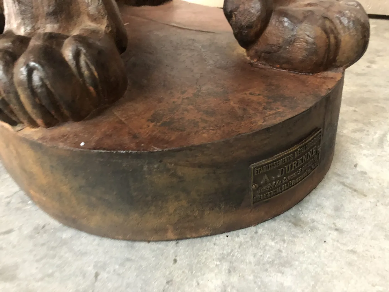 sculpture ancienne de 2 lions, A. Durenne, base ronde