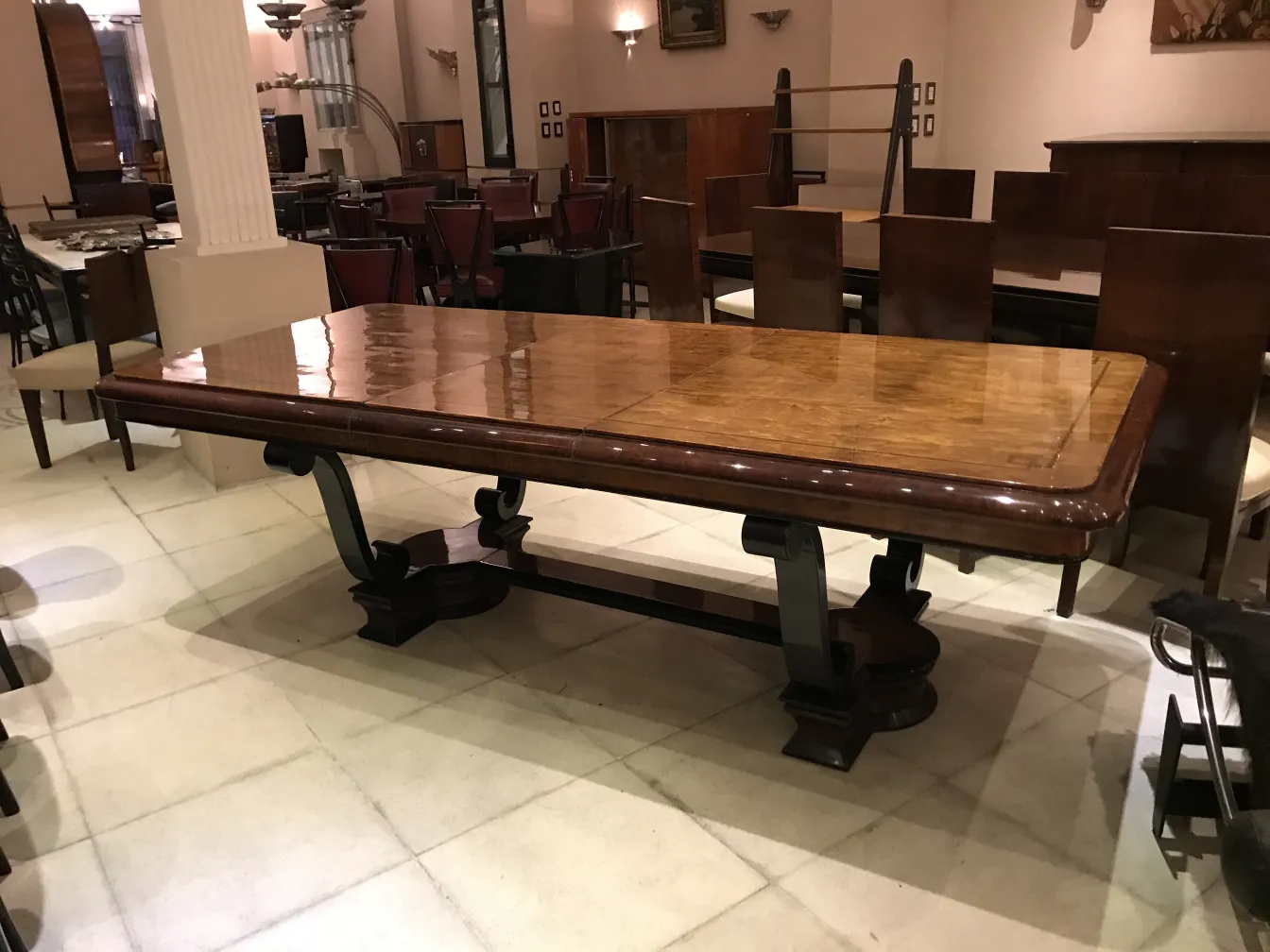 Antiker Esstisch für 10 Personen in elegantem Ambiente.