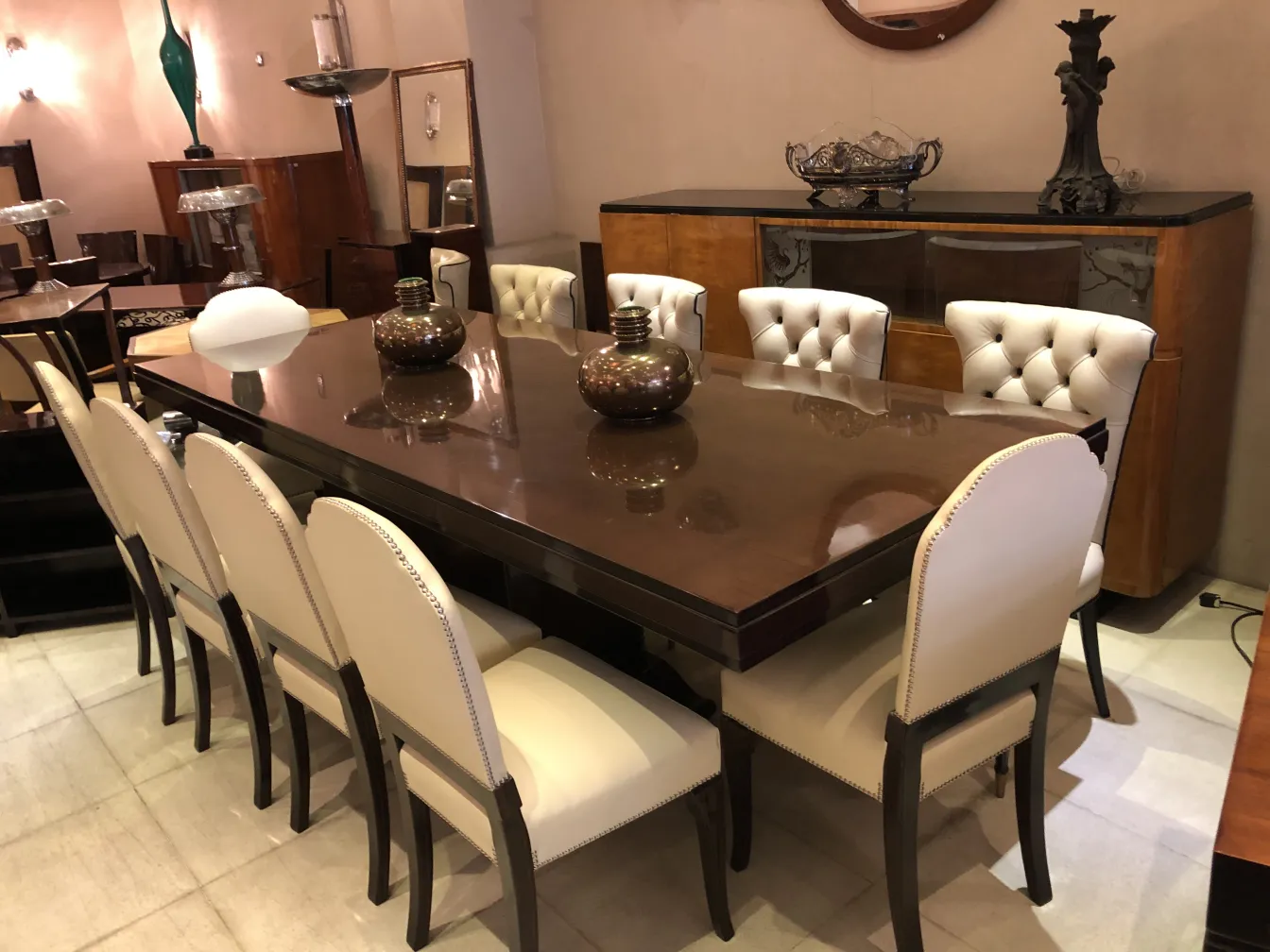 antique dining table for 10 people with matching chairs