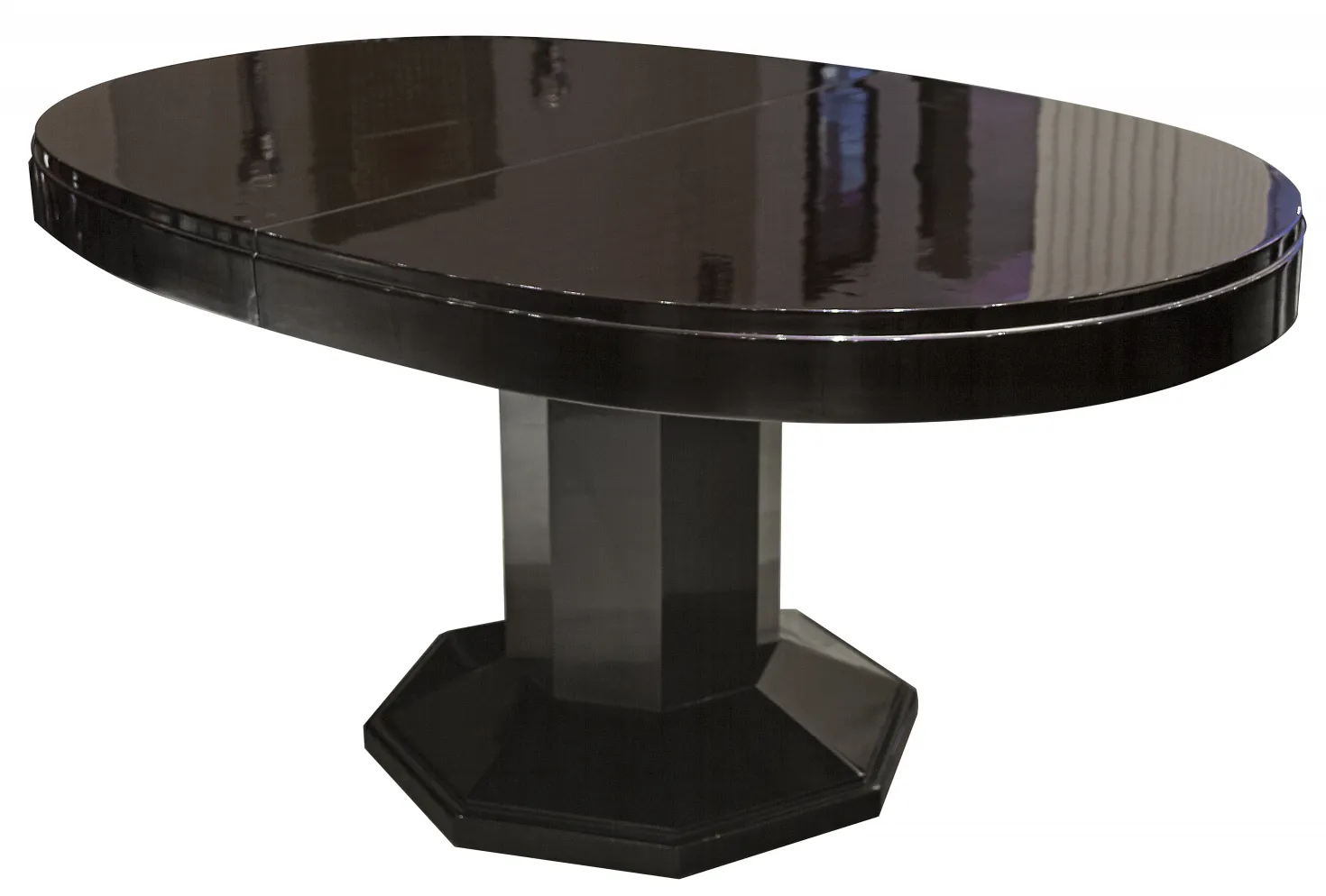 Mesa de comedor antigua ovalada, capacidad para 6-8 personas, color oscuro, elegante base octagonal.