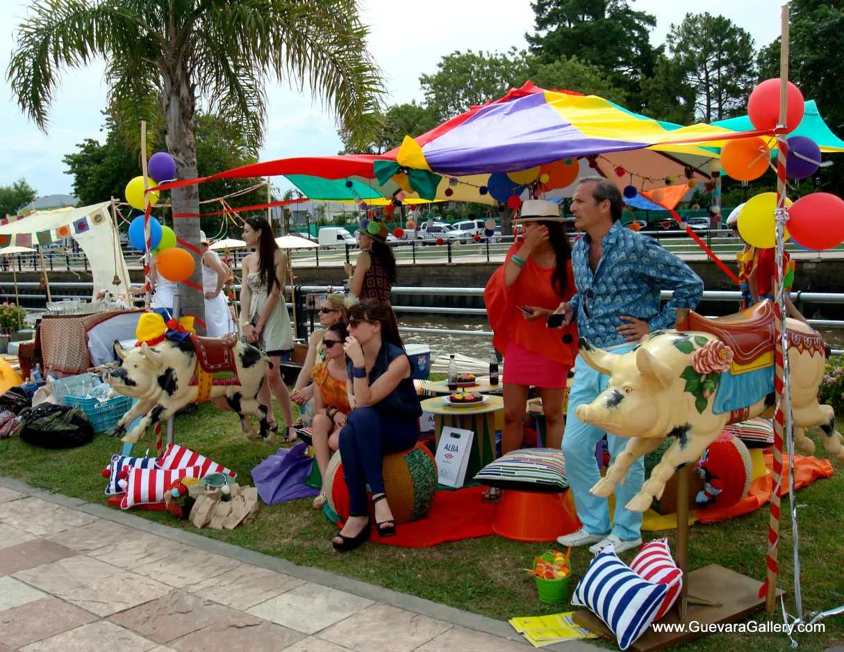 View of an antique pig decorative toy in bright colors