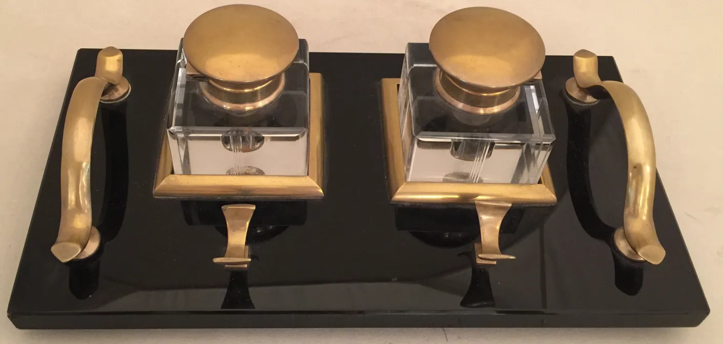 antique inkwell with two containers and gold accents