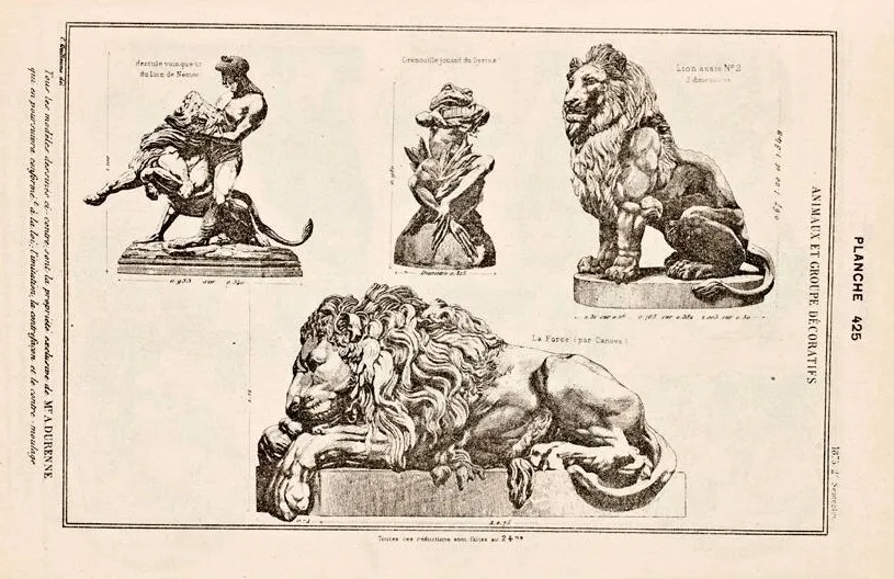 dessin de 2 lions de l'antiquité A. Durenne sous différents angles