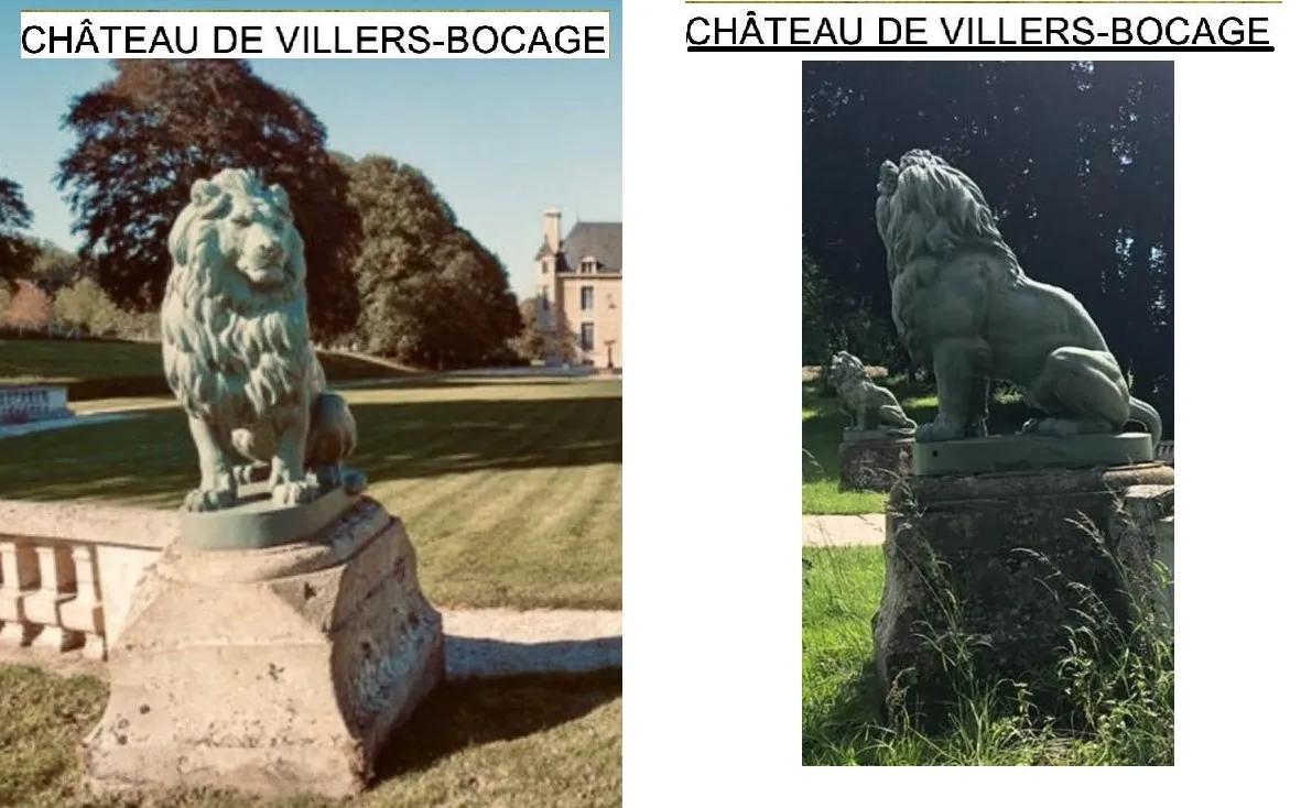 antique sculpture of 2 lions A. Durenne in garden