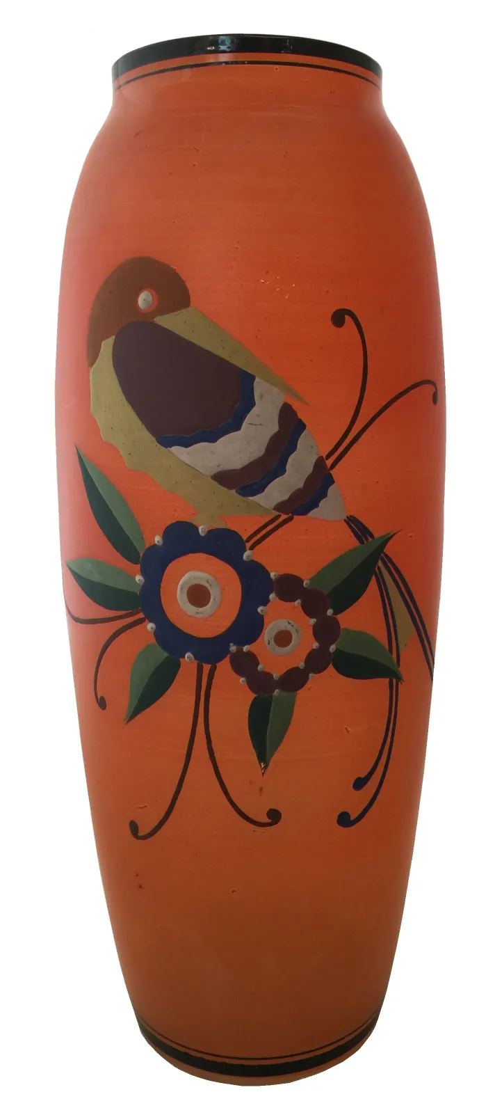 large antique vase with floral decoration and a colorful bird