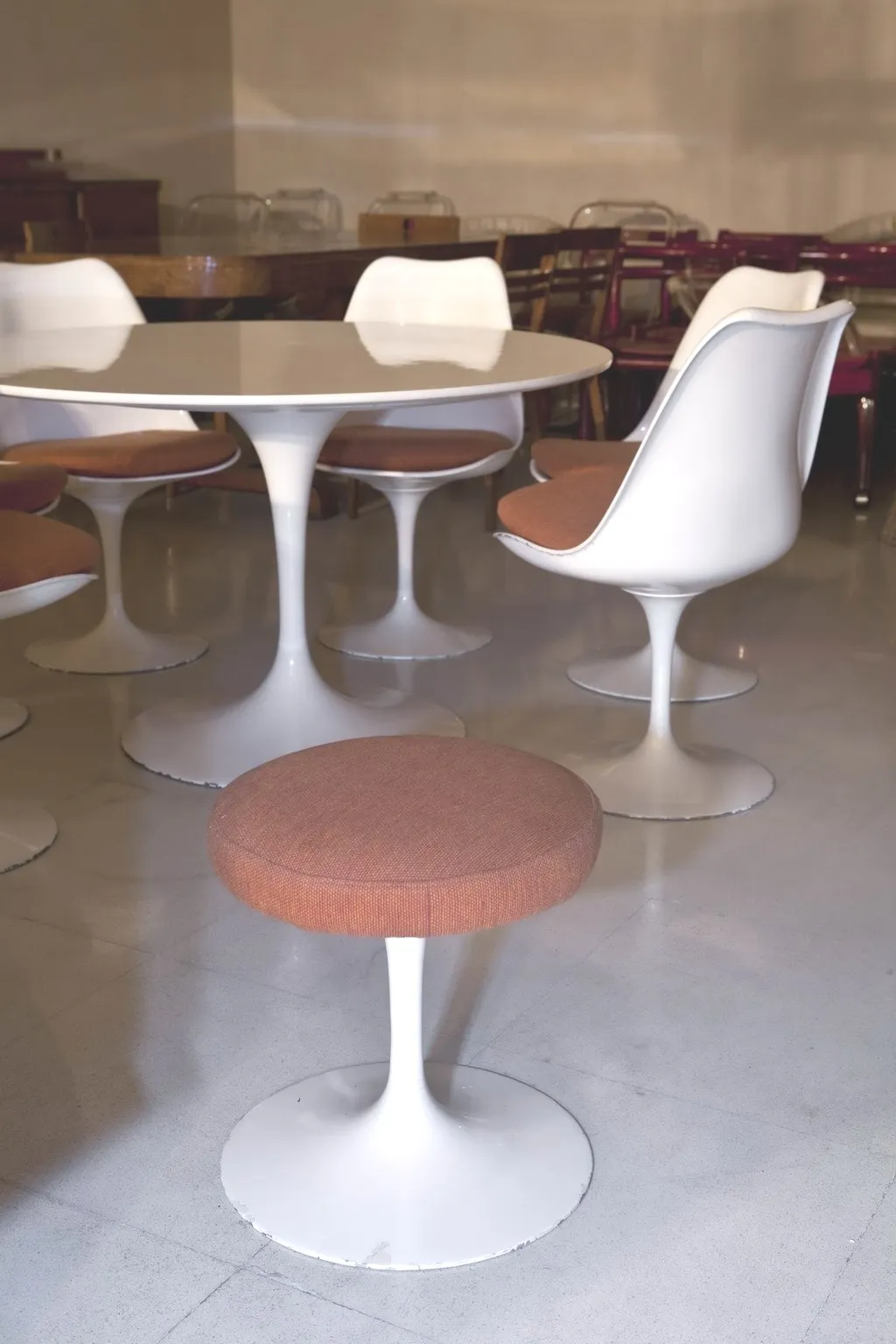 Table à manger ancienne, idéale pour 7 personnes, avec des chaises élégantes autour, ambiance conviviale