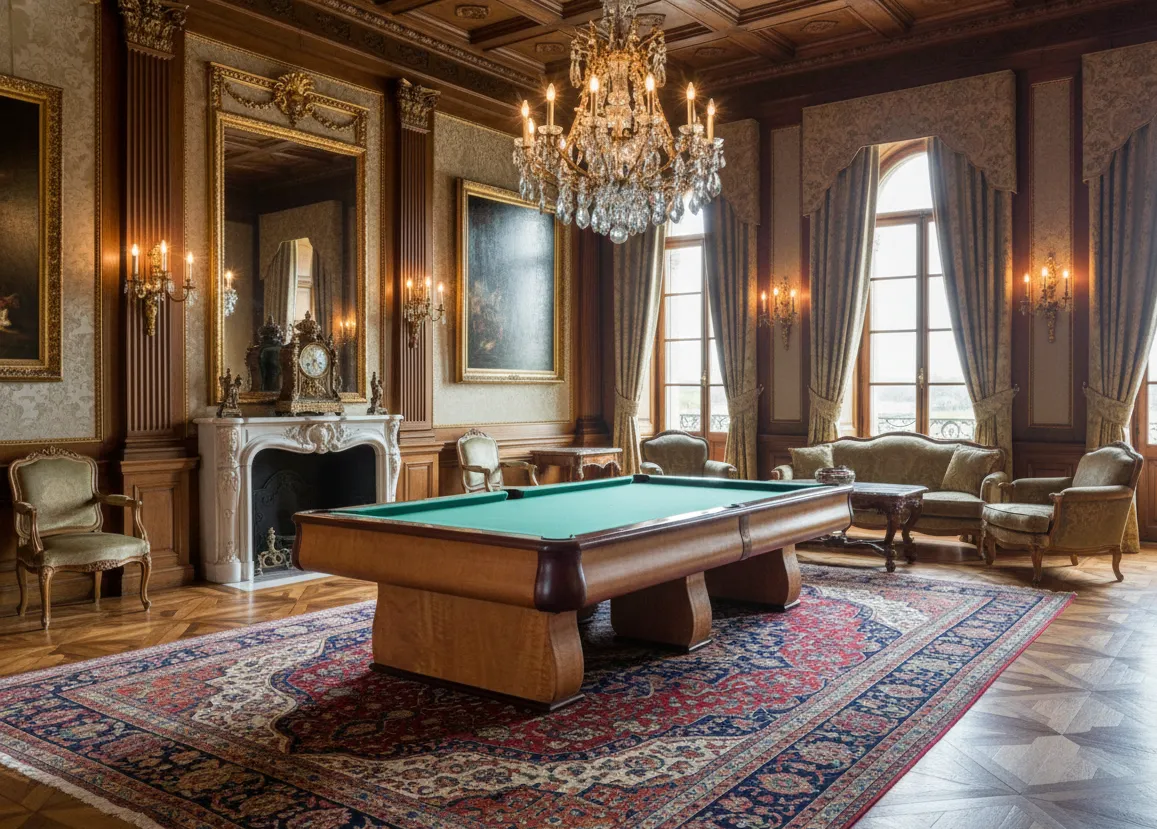 Mesa de billar antigua en una lujosa habitación con decoración clásica.