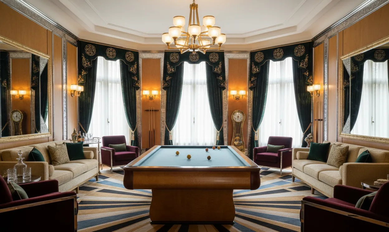 Antique billiard table in Art Deco style within an elegant room.
