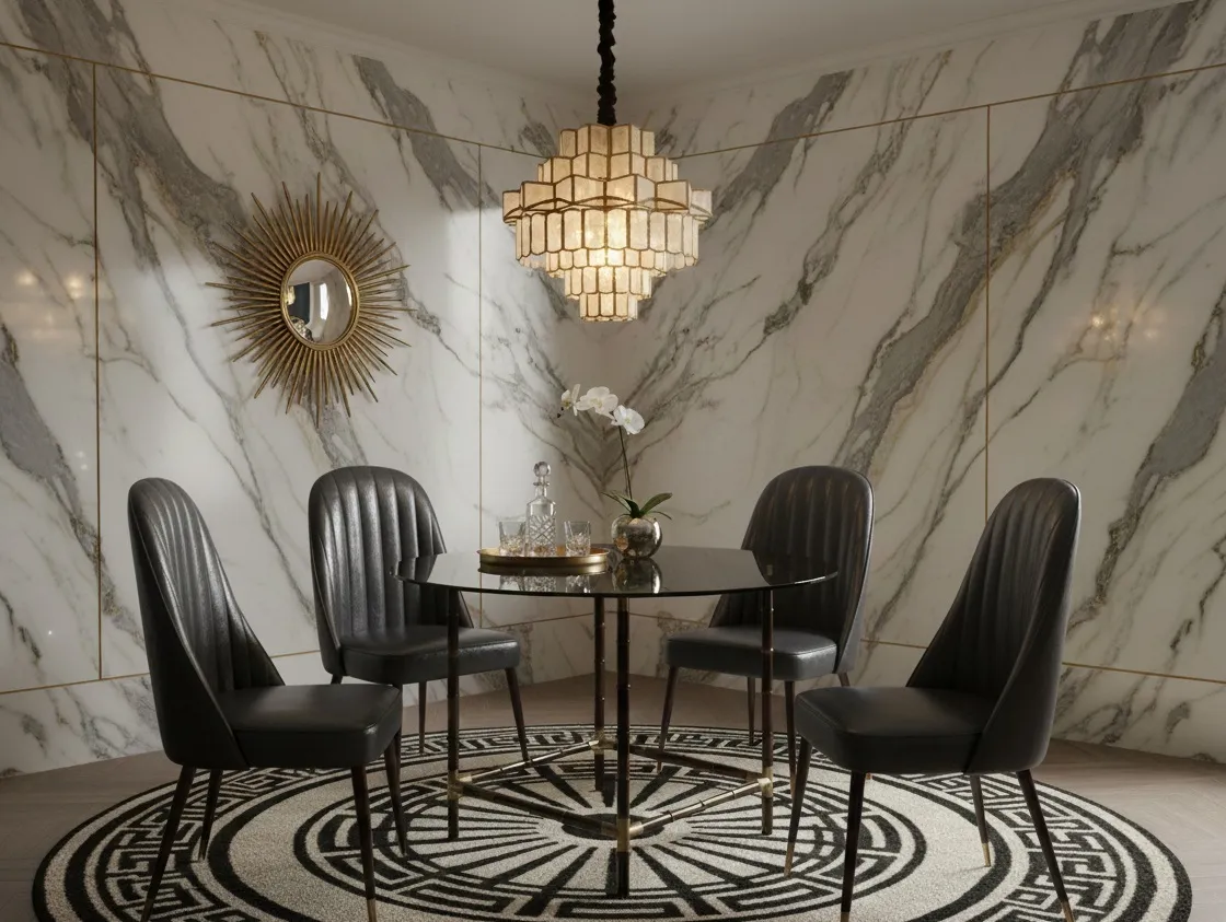 Mesa de comedor antigua para 4 personas en un entorno elegante con decoración moderna.