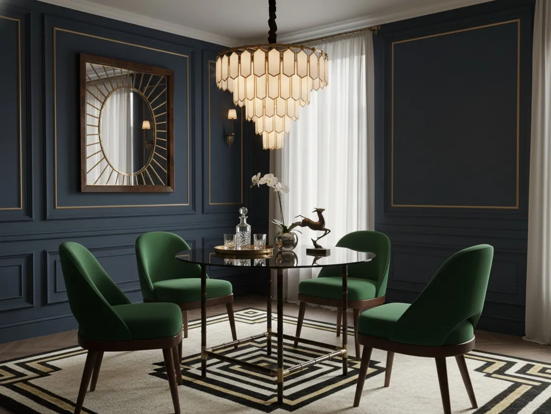 Antiker Esstisch für 4 Personen mit grünen Stühlen in einem eleganten Ambiente.