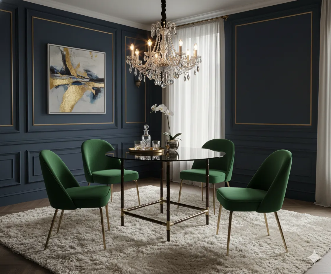 Mesa de comedor antigua William Haines para 4 personas, rodeada de sillas verdes y un ambiente elegante.